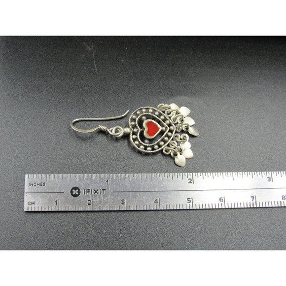 Sterling Silver Small Red Inlay Heart Fancy Rustic Earrings Vintage Wedding - Picture 6 of 7